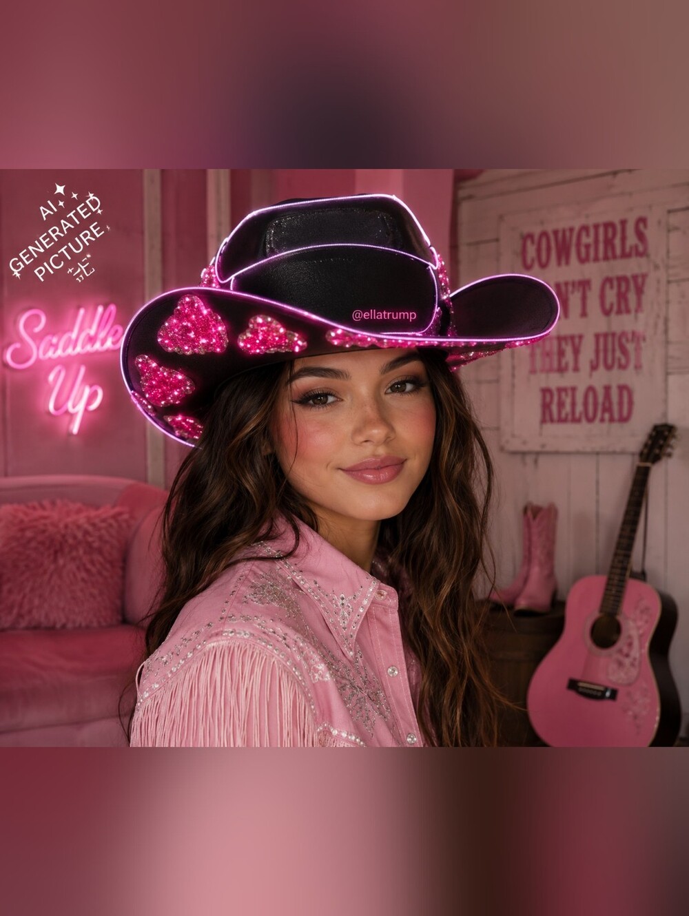 LED Light Up Black Cowboy Hat With Pink Decorative Stones